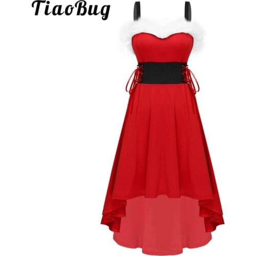 2020 Ladies Christmas Costume Dresses for Women Xmas Santa Claus Sleeveless Bowknot A-line High-low Hem Dress for New Year Party