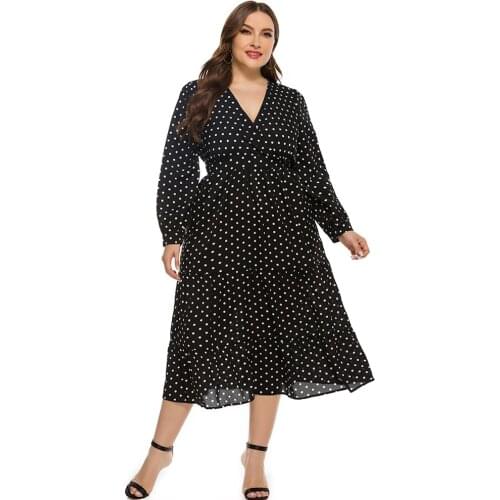 2020 Summer Long Sleeve Dress Women V Neck Polka Dot Print High Waist Chiffon Maxi Long Dress Plus Size Women Clothing