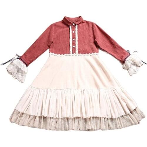 Japanese Style Mori Girl Lolita Sweet Cute Lace Ruffle Layer Embroidery Crochet Vintage Retro Long Sleeve Women Spring Dress