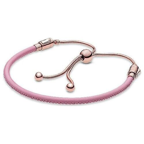 Pink leather Rose gold Moments Leather Slider Bracelets for women fit silver 925 charms beads DIY jewelry adjustment bracelet