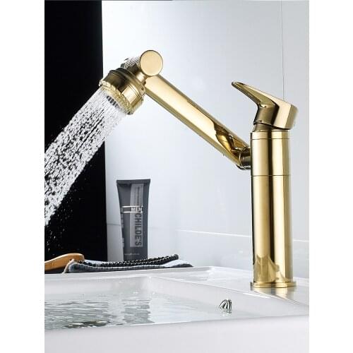 Gold Bathroom Basin Rotating Faucet Solid Brass Sink Mixer Vessel Crane Tap Hot & Cold Deck Mounted Single Handle Unique Design
