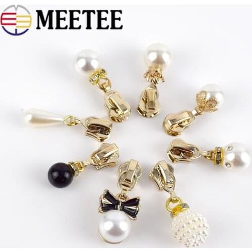 Meetee 10pcs 3# Pearl Puller Zinc Zipper Slider for Metal Zippers DIY Bag Costume Decoration Zip Silder Head Sewing Accessories