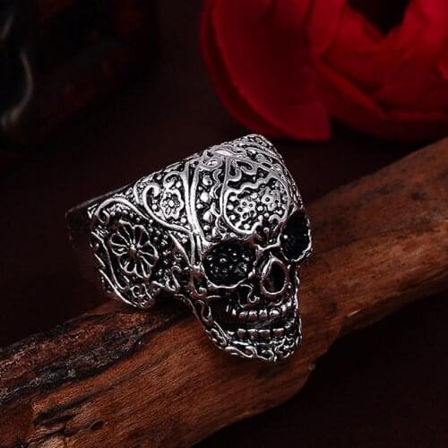2019 Vintage Skull Rings Hot Mens Punk Style Flower Skull Biker Ring Fashion Skeleton Jewelry US Size 8 9 10 11