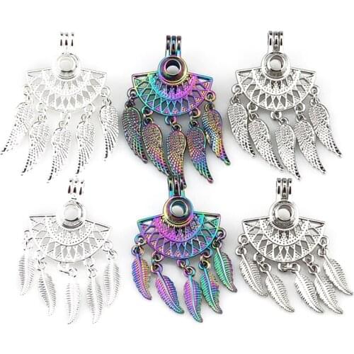 6pcs/lot Mix Three Kinds Of Color Fan shapes Filigree Leaf Bohemia Pendant Pearl Locket Essential Oil Diffuser Beauty Gift