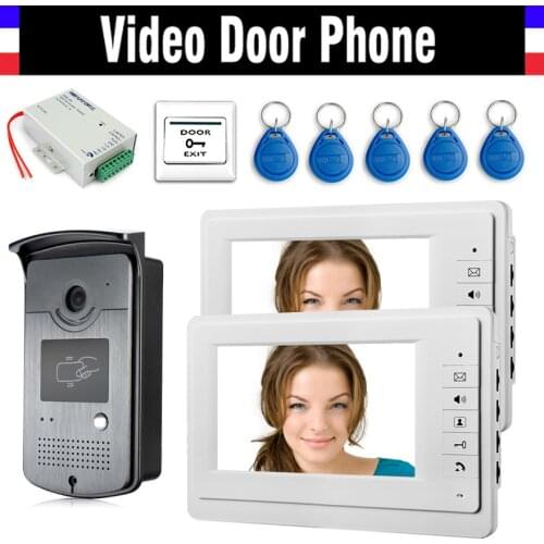 7 Inch 2PCS Screen Video Door Phone Doorbell Intercom System +5 PCS RFID keyfobs + Alunimum Alloy Camera + Power Supply + exit