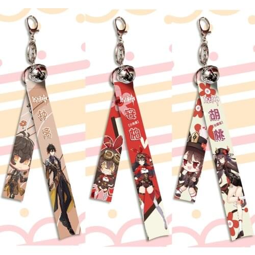 Anime Genshin Impact Keychain Ribbon Hutao Zhongli Diluc Xiao Man Key Chain for Women Accessories Cute Bag Pendant Key Ring Gift