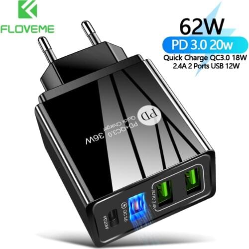 FLOVEME USB Charger 20W PD Wall Fast Charger for iPhone 12 11 Pro QC3.0 Quick Charge for Xiaomi EU/ US Plug Mobile Phone Charger