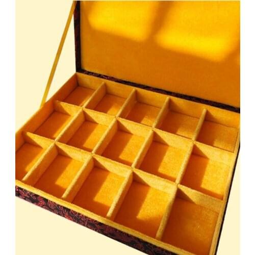 Chinese Dragon 15 Grid Slots Wooden Storage Collection Box Silk Brocade Vintage Organizer Boxes Display Packaging Case Gift