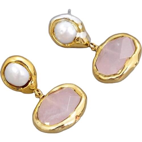 GG Jewelry Natural Rose Quartz Crystal Cultured White Pearl Golden Plated Earrings