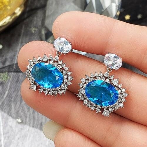 Huitan Gorgeous Sky Blue CZ Dangle Earrings for Women Full Brilliant Cubic Zirconia Wedding Engagement Party Statement Jewelry