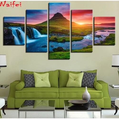 Full square diy Diamond painting 5 Piece Beautiful Iceland Waterfall Paintings Green-Moutain River Landscape Diamond embroidery