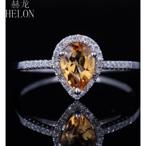 HELON Solid 10k White Gold 7x5mm Pear Cut Natural Citrine & Diamonds Engagement Ring For Women Trendy Fine Jewelry Best Gift