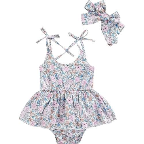 Newborn Baby Girls Lovely Rompers Headband Flowers Printed Sleeveless Belt Jumpsuits 0-24M 2PCS