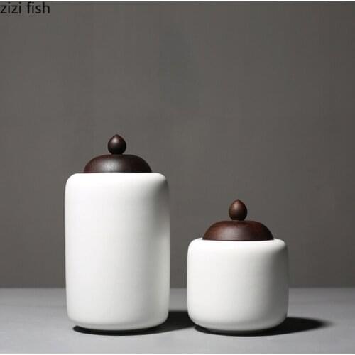 Creative White Ceramic Tea Tin Teaware Household Sealed Candy Storage Jar with Wooden Lid Living Room Countertop Decoration Gift