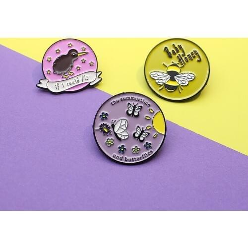 Round Badge butterfly honeybee Birds Enamel Pin if i could fly,baby honey,the summertime and butterflies Brooch bag Jewelry Gift