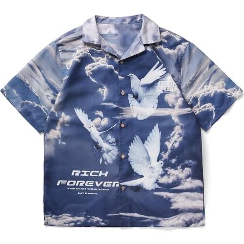 2020 Summer Japanese Harajuku Streetwear Hip-hop Loose Men Short Sleeve Shirt Cloud Pigeon Print Casual Men Shirt