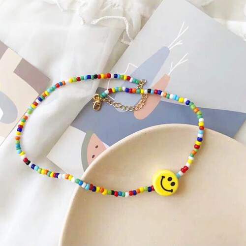 Trendy Light Color Mixed Beads Smile Face Choker Yellow Positive Hint Lucky Beads Necklace for Women 2019 Office Daily Jewelry