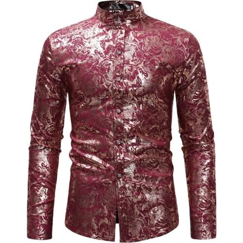 New Mandarin Collar Long Sleeve Dress Shirt Men 2021 Luxury Brand Gold Bronzing Print Mens Shirt Casual Slim Fit Social Shirts