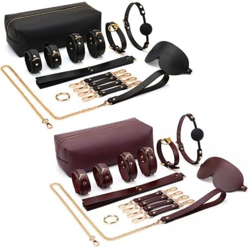 New High-end Leather BDSM Sex Bondage Set Erotic Slave Collar Whip Gag Handcuffs Nipple Clamps Adult Sex Toys for Couples Women