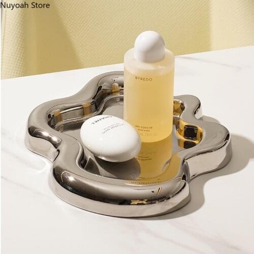 Creative Silver-plated Ceramic Mirror Storage Tray Flowing Line Art Storage Tray Ornaments Home Desktop Decoration Accessories