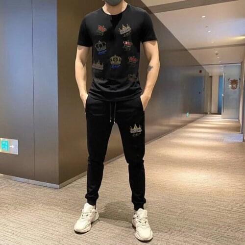 Summer Men Tracksuit Black T-Shirt Breathable Fashion Casual Cotton 5XL Short Sleeve Male Suit Rhinestone Tees Streetweat