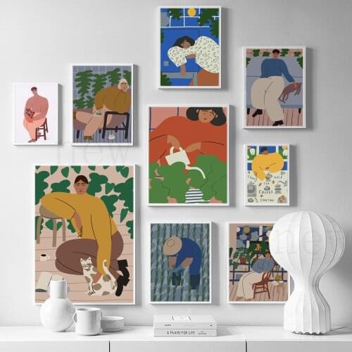 Vintage Abstract Boy Girl With Cat Poster Print Nordic Colorful Plants Canvas Painting Livingroom Wall Art Pictures Unique Decor