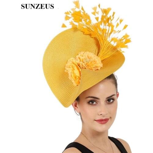 Yellow Straw Hyperbole Party Hats for Women Feathers Gorgeous Bridal Hats Wedding Headwear sombrero mujer boda