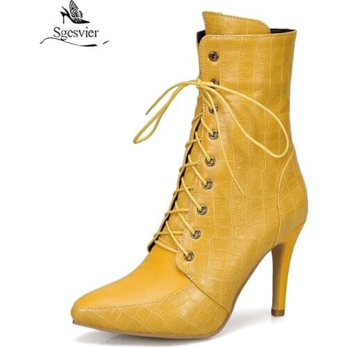 Sgesvier 2020 Large size 34-50 women boots stiletto high heels pointed toe ankle boots autumn winter lace up ladies shoes