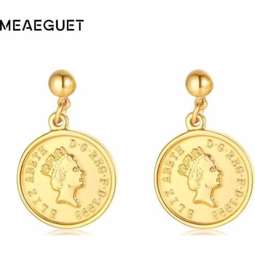 Women Gold Coin Queen Elizabeth Earrings Stainless Steel Gift for Her