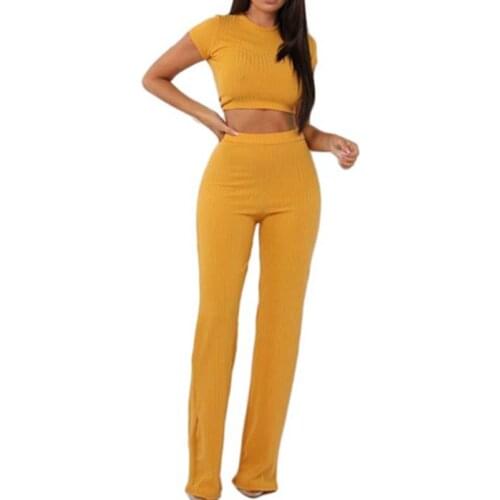2 Two Piece Set Women Ribbed O Neck Crop Top And Long Pants Set Sexy Autumn Short Sleeve Tracksuit Women Feminino 2021