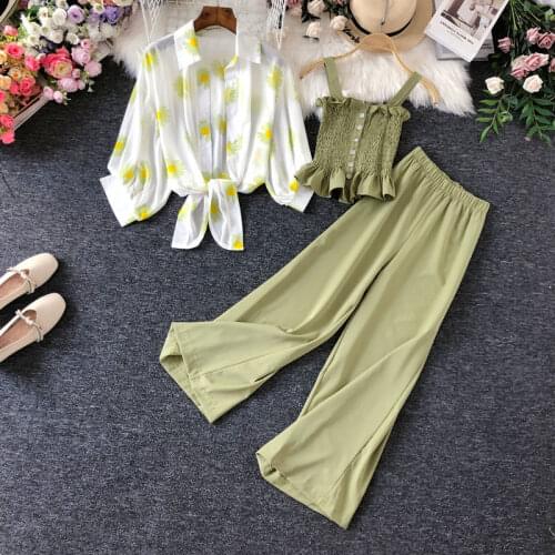 Summer Women Three-piece Set Fashion Korean Small Daisy Sunscreen Clothing + Suspenders + High-waist Wide-leg Pants Suits Y796