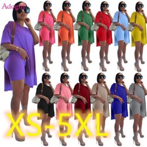 Adogirl XS-5XL Women Solid Tracksuit V Neck Short Sleeve Side Split Loose Long T Shirt Top + Shorts Fashion Casual Two Piece Set