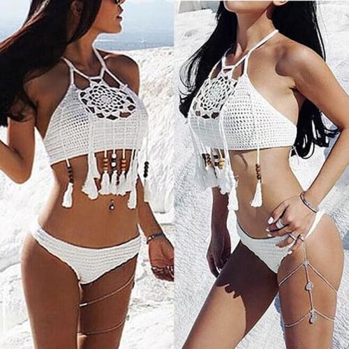 2020 Sexy Bikini Swimwear Women Swimsuit Brazilian Bikini Set Crochet Halter Beaded Tassel Top Sexy Hollow Out Swimwear S-L