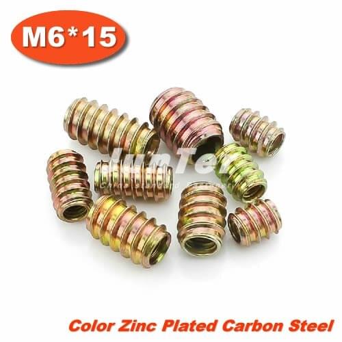 50pcs/lot M6*15 Furniture Unhead Nut Threaded Color Zinc Plated Carbon Steel For Wood Insert