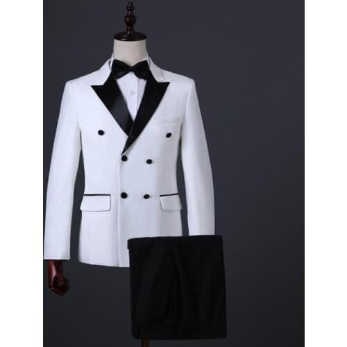 White slim blazer men groom suit set with pants mens suits double breasted singer star style dance stage clothing formal dress