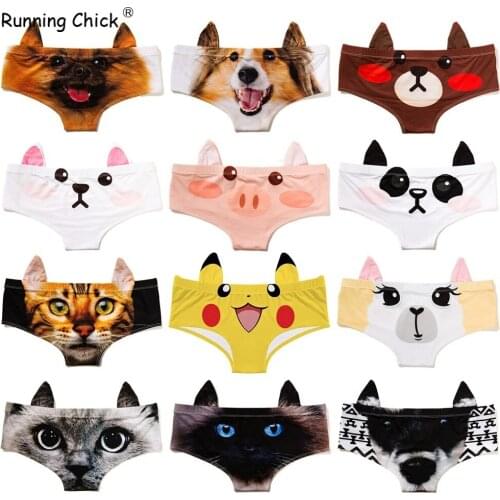 Cartoon Animals, Dogs, Rabbits, Bears and Ears Print Seamless Breathable Womens Underwear with Low Waist and Sexy Briefs