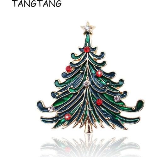 Brooch Gold Tone Green Enamel Red Rhinestone Christmas Xmas Tree Brooch Beautiful Scarf Pins Wedding Ornament New Years Gift