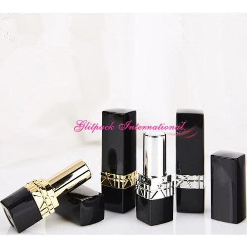 12.1mm cup square black lipstick bottle empty containers tube glossy shiny carving silver/gold waist one color printing logo