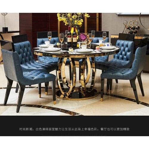 Designer unique new stainless steel golden dining room set with marble table and 6 leather chairs mesa de jantar muebles comedor
