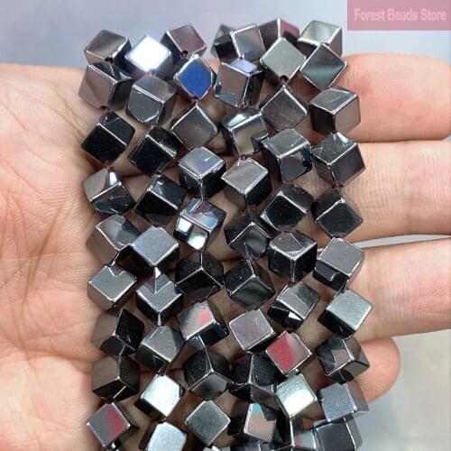 Smooth Oblique Cube Hematite Natural Stone Loose Beads for Jewelry Making DIY Necklace Bracelet Accessories 15'' Inch 4/8mm