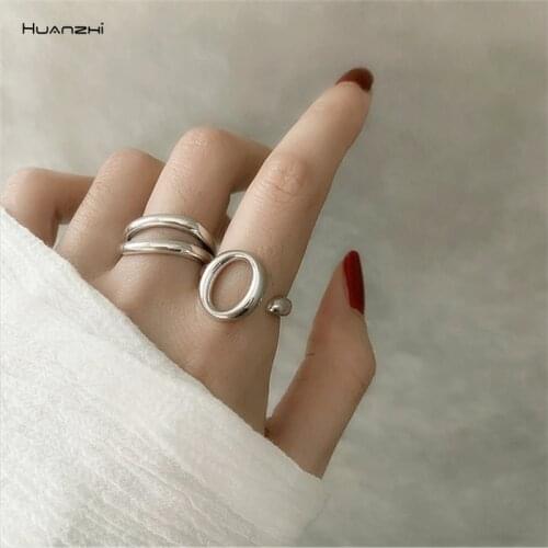 HUANZHI 2020 New Trendy Simplicity Irregular Double Layer Cutout Round Open Ring For Women Girls Party Jewelry Gift