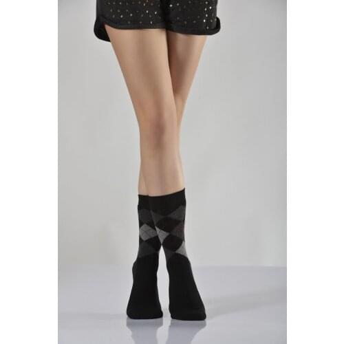 Idilfashion Women Full Towel Plaid Socket Socks-Black-B-ART051 (3'LÜ PACKAGE)