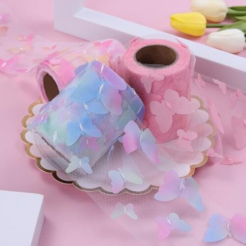 10Yards/roll Gradient Colorful Butterfly Tulle Roll Organza Ribbon DIY For Party Dress Gowns Baby Dress 3D Butterfly Lace Fabric