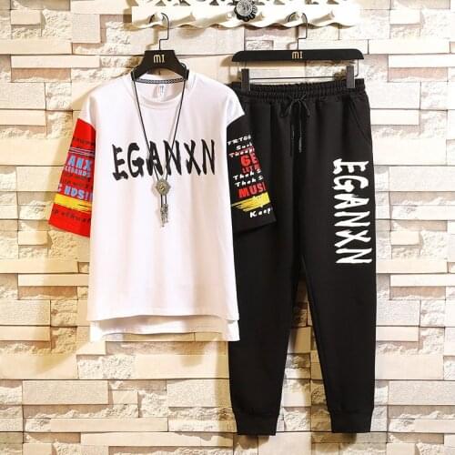 2019 Men Sets Spring Summer M-3XL T-shirts+pants 2 Pieces Sets Cotton Pocket O-neck Short Sleeve Hip Hop Cool Mens Tracksuit