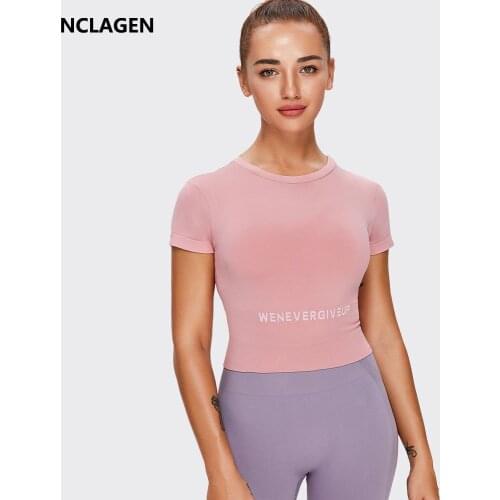 NCLAGEN Seamless Sports Top Women Short Sleeve Yoga Blouse Push-up Elastic Athletic Active Dry Fit Running Gym Fitness T-shirt