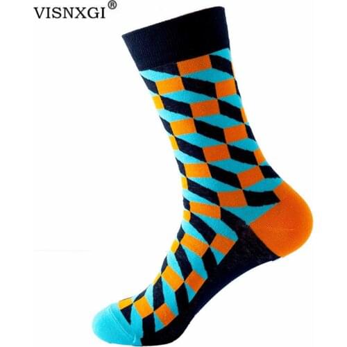 VISNXGI 1 Pair Men Stripe Socks Cotton Bright Colored Funny Causal Women Colorful Diamond Patchwork Print Breathable Gym Fitness