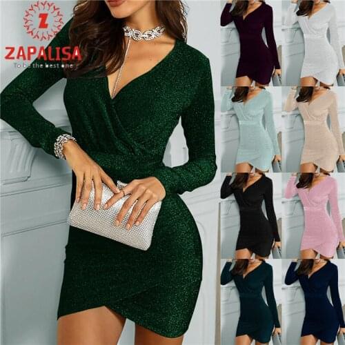 Sexy Women Solid Color Mini Dress Irregular Shrinkage Design V-Neck Long Sleeve High Waist Slim Hips Pencil Dress for Party
