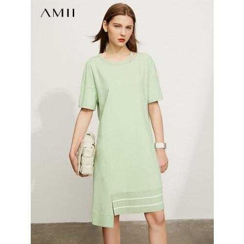 Amii Minimalism Womens Summer Dress Fashion 100%Cotton Oneck Loose Irregular Hem Loose Knee-length Womens Beach Dress 12140447