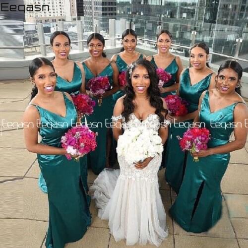 Green Mermaid Bridesmaid Dresses Spaghetti Strap V Neck Wedding Guest Dress with Slit Maid Of Honor Gowns robe mariage femme