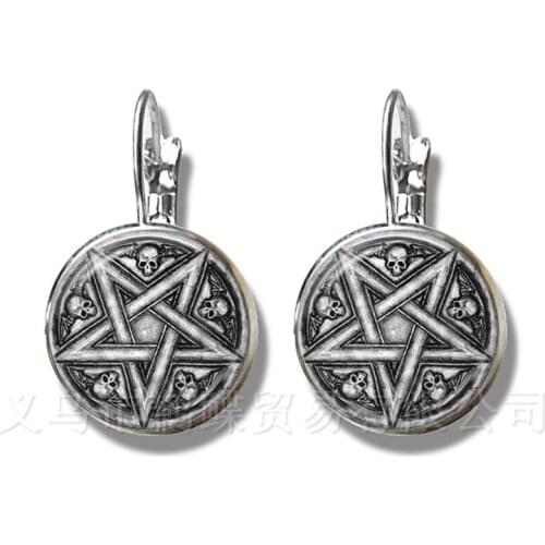 Satanic Baphomet Pentagram Bracelet Gothic Silver Plated Earrings Satanism Evil Occult Pentacle Jewelry Pagan Charm Stud Ear